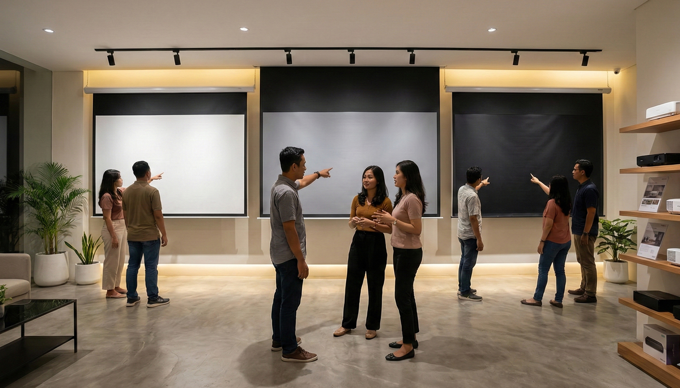 Sebuah Showroom yang Menyediakan Layar Proyektor Gantung 120 Inch dengan berbagai Pilihan Warna Kain untuk Mengakomodasi Penggunaan Optimal