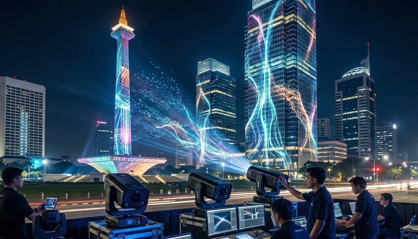 Team Vendor Video Mapping Jakarta sedang Melakukan Pengetesan di Area Monas